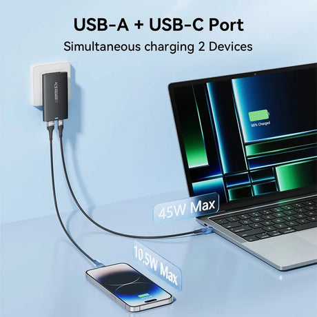 Dual-port USB charger capable of simultaneously charging a laptop and smartphone at different power levels.