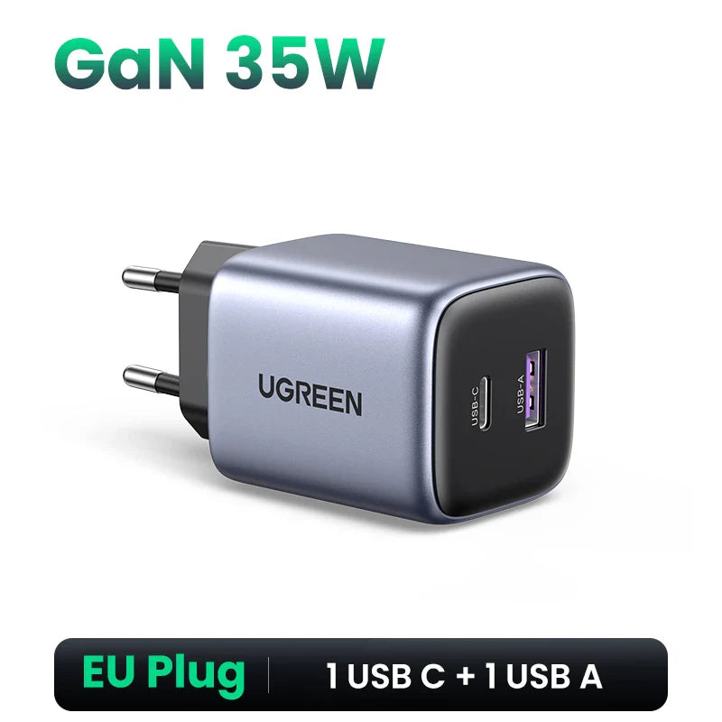 Dual-port USB wall charger with GaN technology and EU plug.