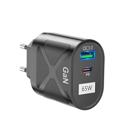 Dual-port USB wall charger with QC3.0 and PD capabilities, rated at 65W.