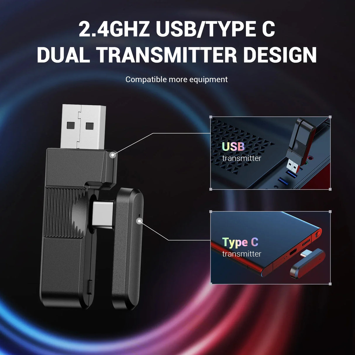 Dual transmitter device with USB and Type-C connectors for 2.4GHz wireless connectivity.