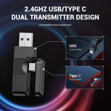 Dual transmitter device with USB and Type-C connectors for 2.4GHz wireless connectivity.