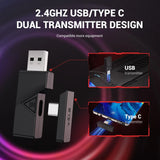 Dual transmitter device with USB and Type-C connectors for 2.4GHz wireless connectivity.