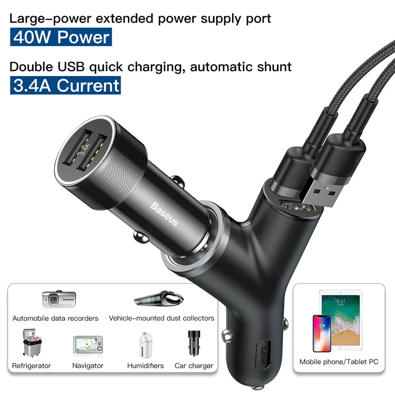 Dual USB car charger adapter with extended power supply capabilities.