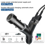 Dual USB car charger adapter with extended power supply capabilities.