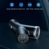 Dual USB car charger adapter with metallic accents and technical specifications displayed above.