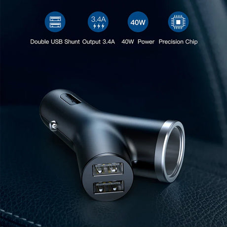 Dual USB car charger adapter with metallic accents and technical specifications displayed above.