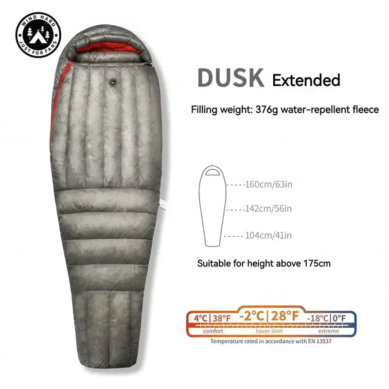 the duk xlf sleeping bag is shown with the measurements