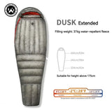 the duk xlf sleeping bag is shown with the measurements