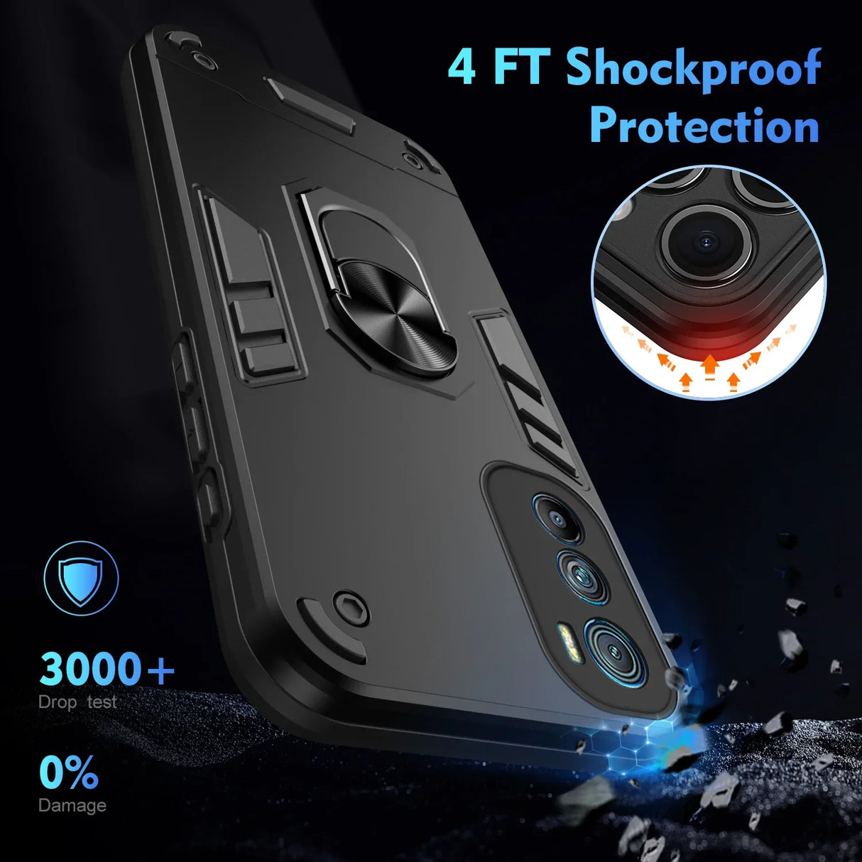 Durable black smartphone case with a built-in kickstand and camera protection.