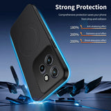 A durable black smartphone case with a textured back and prominent camera cutouts, featuring enhanced anti-shattering, explosion-proof, and shock absorption effects.