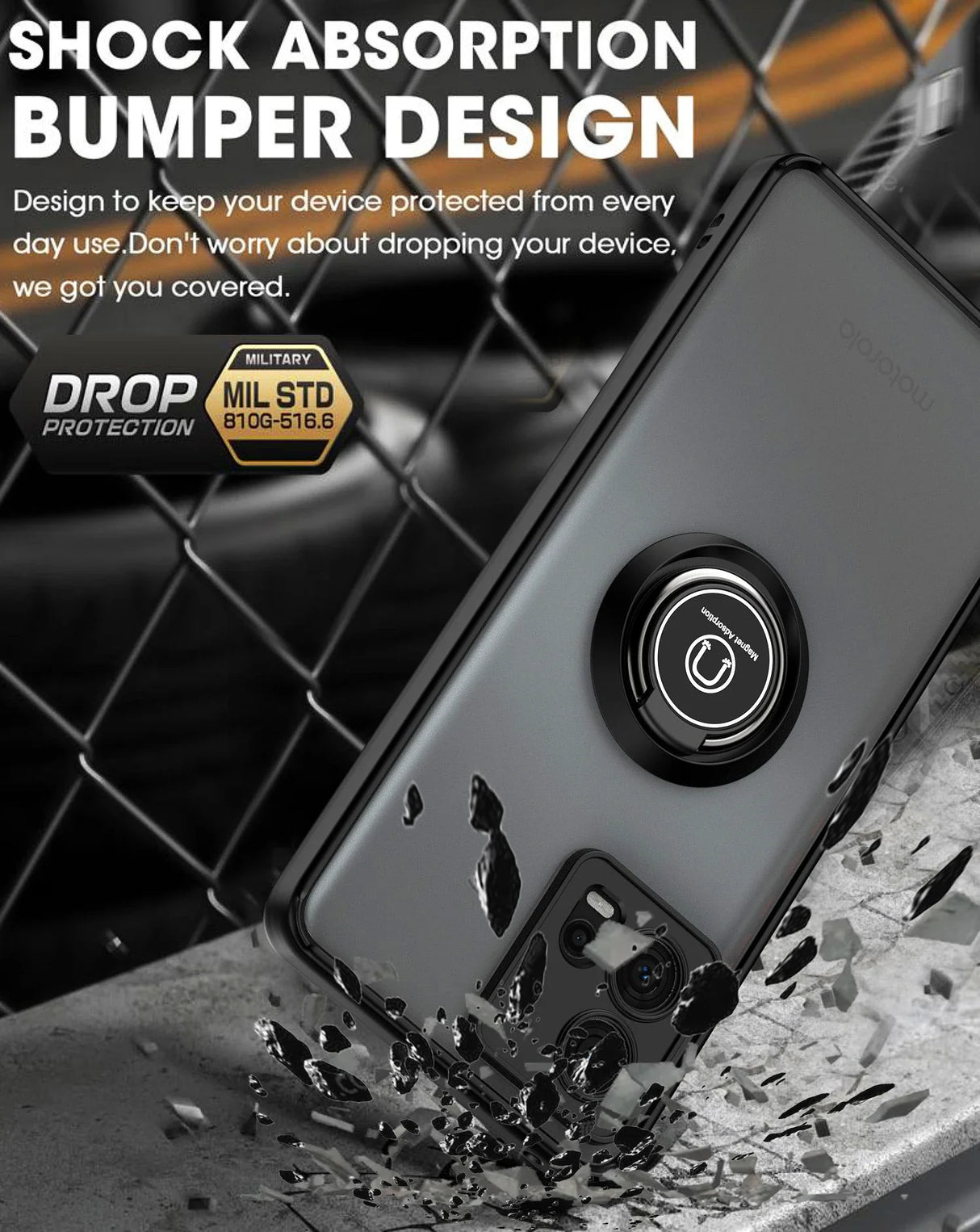 Durable, shock-absorbing phone case with a built-in ring holder.