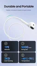 Durable white wired earbud.