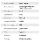 In-ear earphones specifications.