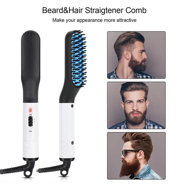 a close up of a hair brush with a beard and hair straightener comb