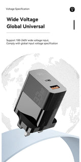 Electrical adapter or charger with USB and USB-C ports.