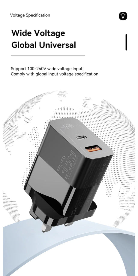 Electrical adapter or charger with USB and USB-C ports.