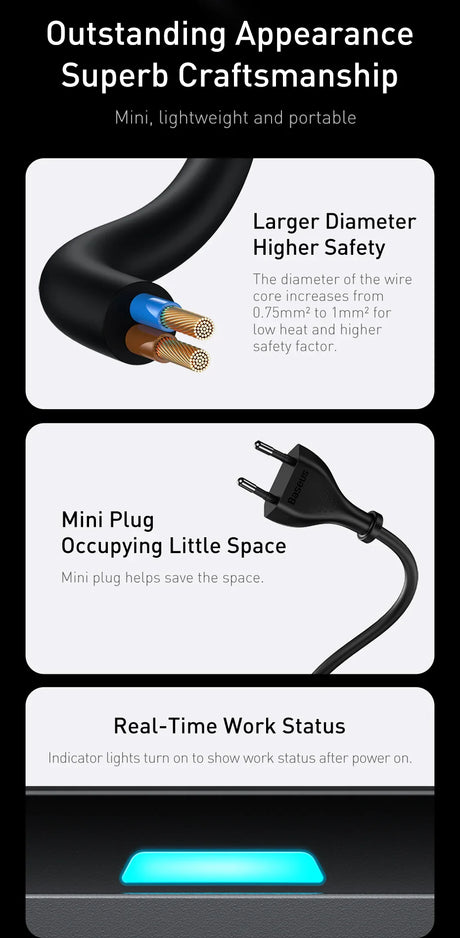 Electrical power adapter or charger with highlighted features like larger wire diameter, compact plug design, and status indicator light.