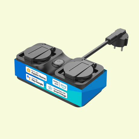 Electrical power strip or outlet adapter with multiple sockets and a blue base.