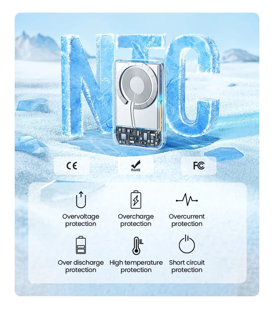 Electrical surge protector or power adapter with ’NTC’ text in ice-like letters behind it.