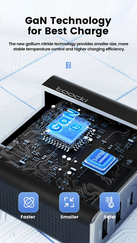 Electronic circuit board featuring gallium nitride technology for improved charging efficiency.