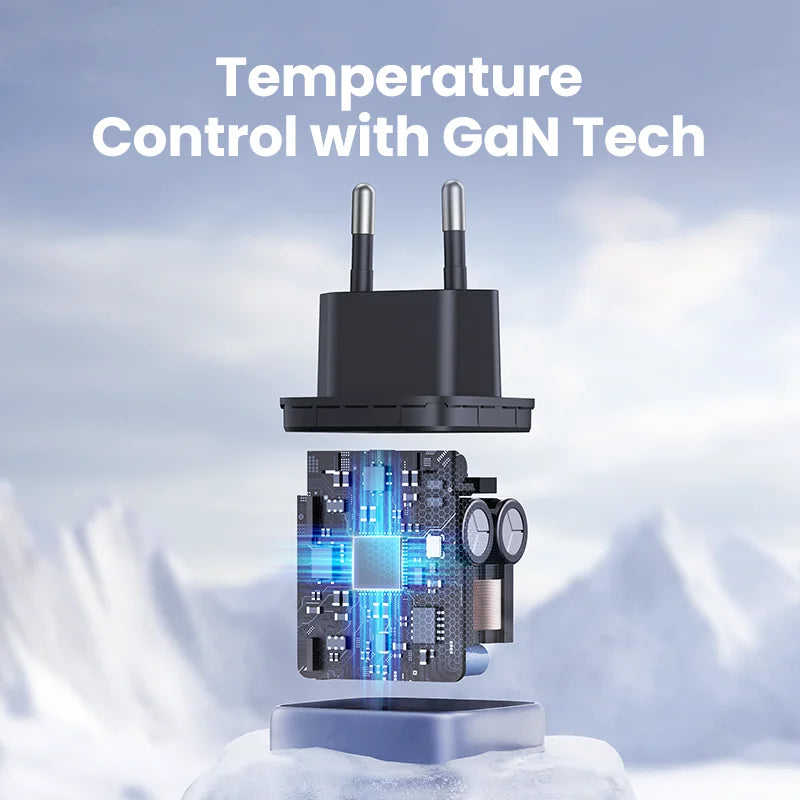 Electronic device with a circuit board and power plug, showcasing GaN technology for temperature control.
