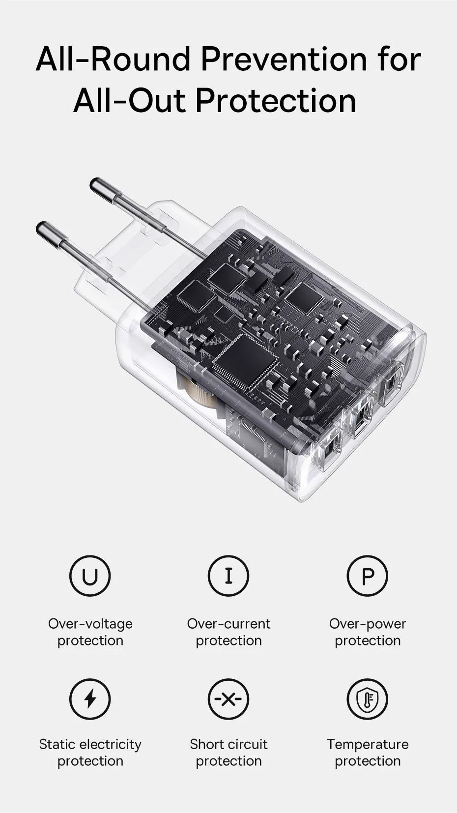 Electronic device with prongs resembling a power adapter or charger, showcasing various protection features.