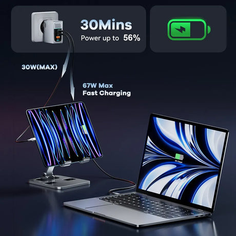 Fast-charging system for electronic devices featuring a laptop and tablet with vibrant blue swirl patterns on their screens.