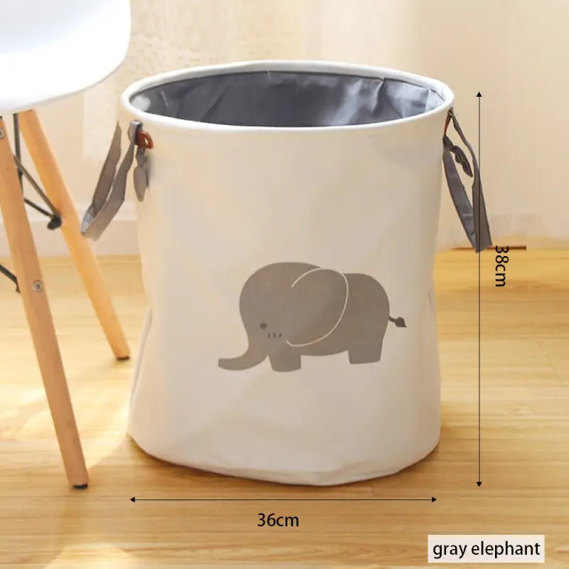 a white elephant laundry bag with a grey elephant on it