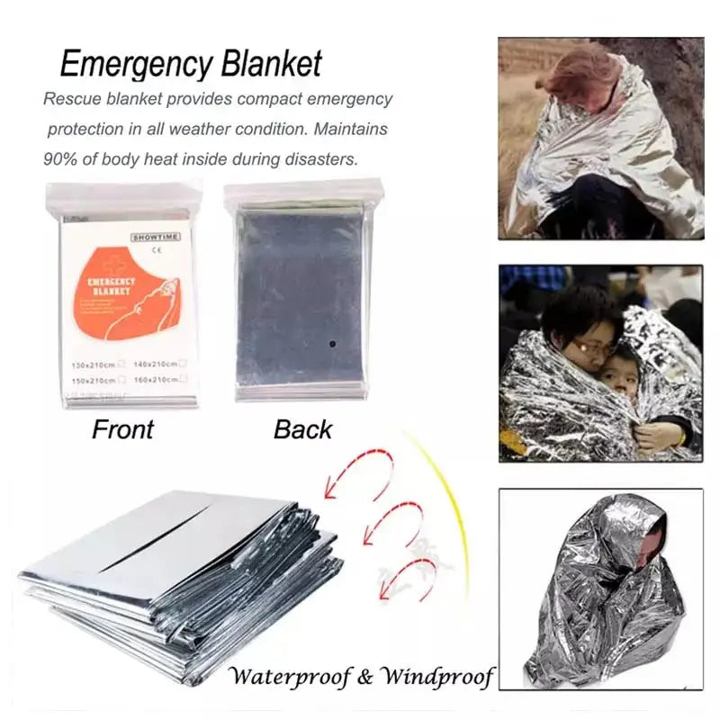 a close up of a person wrapped in a blanket and a bag of emergency blankets