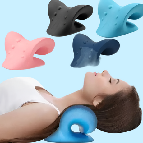 Ergonomic neck support pillow shown in various colors with a person demonstrating its use.