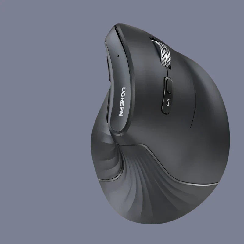 Ergonomic vertical computer mouse with a dark gray finish.