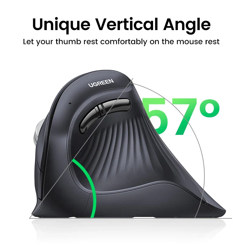 Ergonomic vertical mouse with a 57-degree angle designed for comfortable thumb positioning.