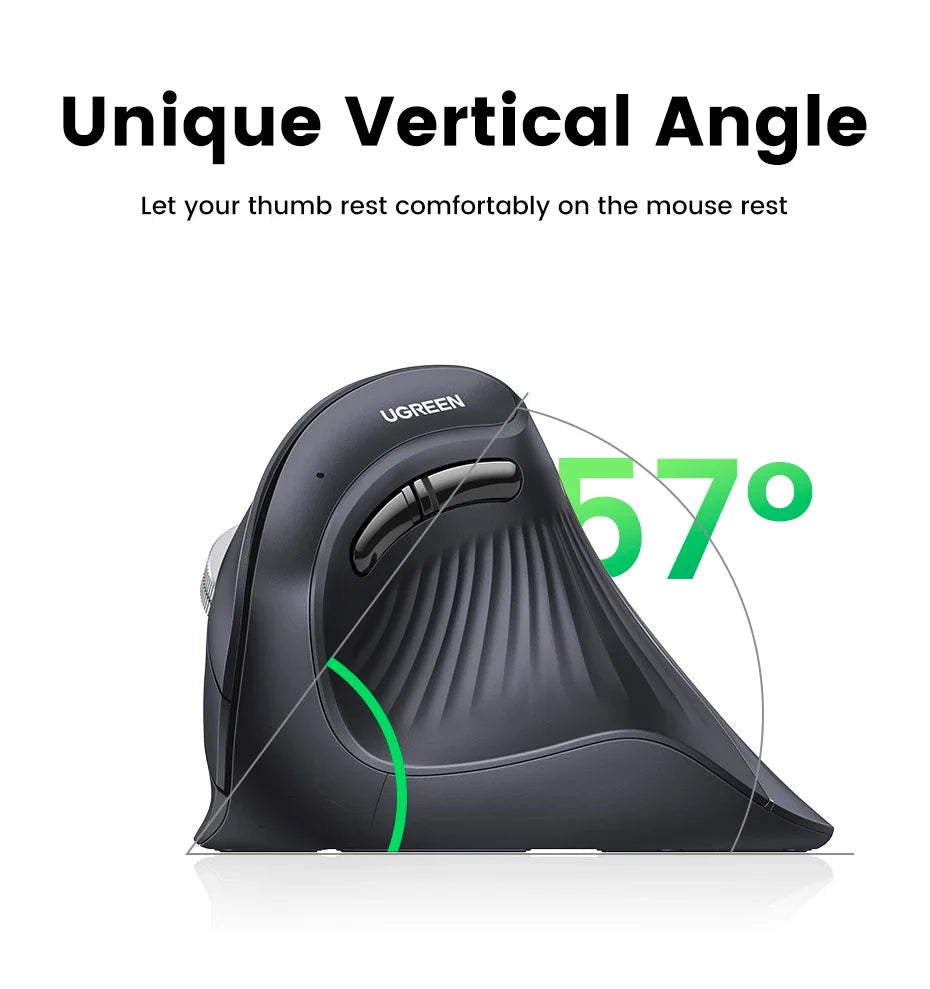 Ergonomic vertical mouse with a 67-degree angle design for comfortable thumb positioning.