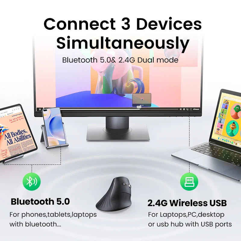 Ergonomic vertical mouse with Bluetooth and wireless USB connectivity options for multiple devices.