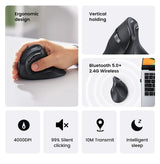 Ergonomic vertical mouse with wireless connectivity and silent clicking feature.