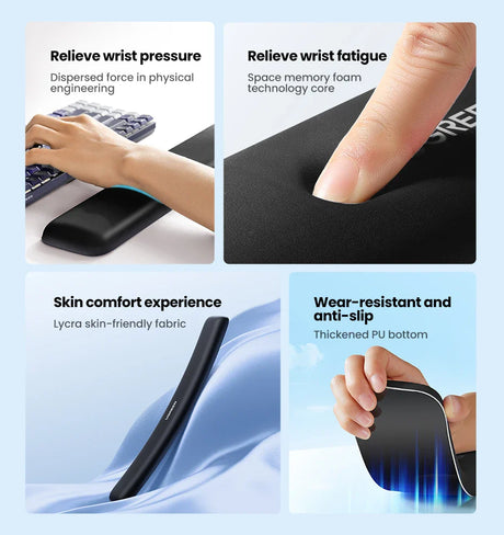 Ergonomic wrist rest for computer use with various comfort features highlighted.