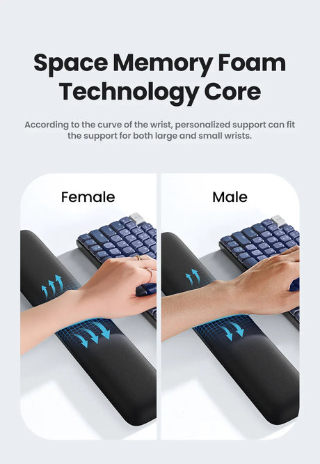 Ergonomic wrist rest pad with memory foam technology for computer use.