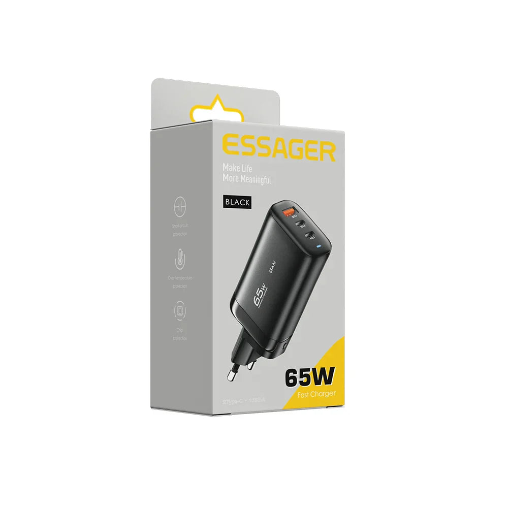 Essager 65W fast charging adapter in its product packaging.