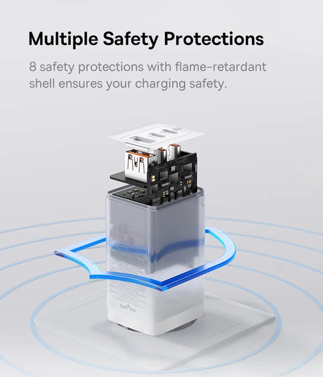 Exploded view of a charging adapter with multiple safety features highlighted.