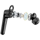 Exploded view of a black wireless earbud, showcasing its internal components, including the speaker driver, magnet, coil, and silicone ear tip.