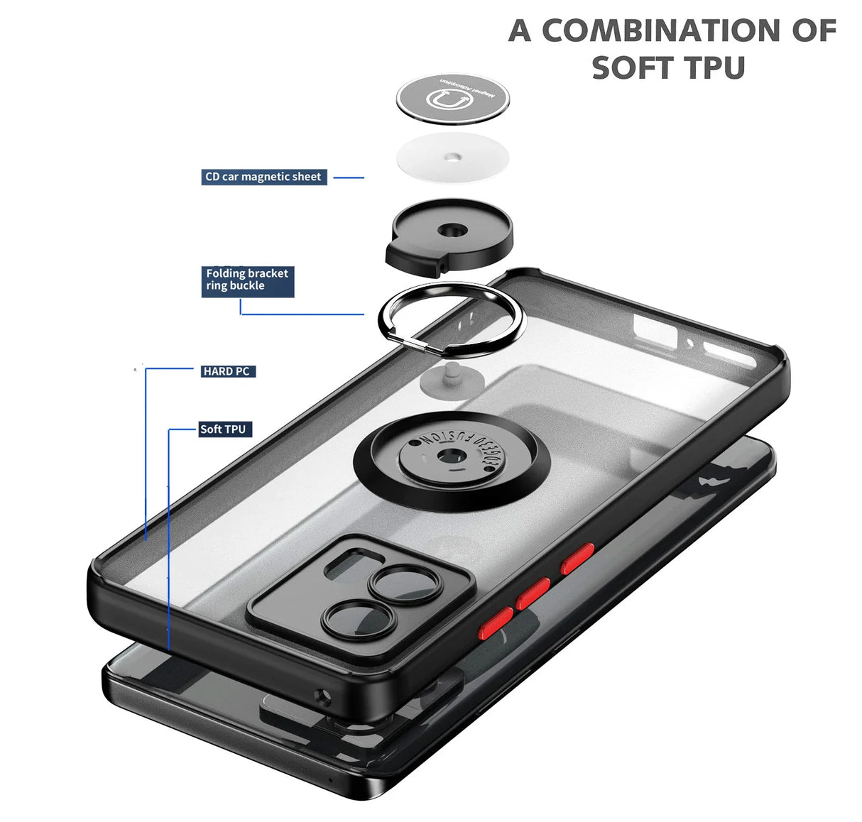 Exploded view of a clear phone case with a magnetic ring holder.
