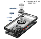 Exploded view of a clear phone case with a magnetic ring holder.