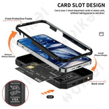 Exploded view diagram of a smartphone case with integrated card slot design.