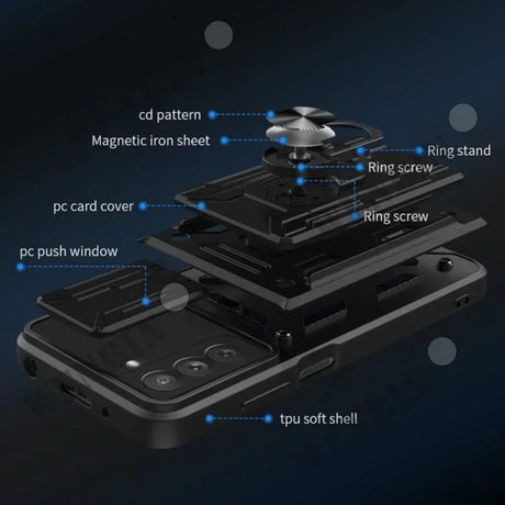 Exploded view diagram of a smartphone’s camera and protective case components.