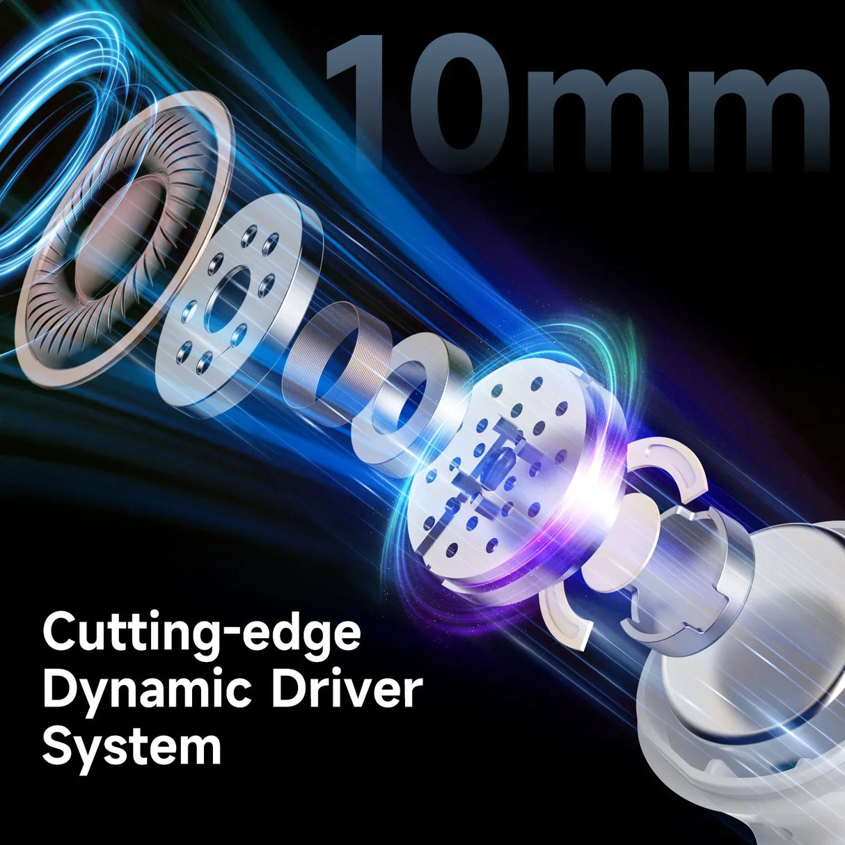 Exploded view of a dynamic driver system for audio devices, showcasing internal components and electromagnetic elements.