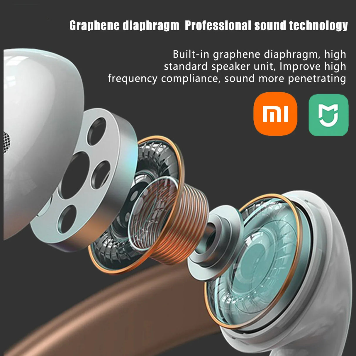 Exploded view of an earphone or earbud showcasing its internal components, including a graphene diaphragm.