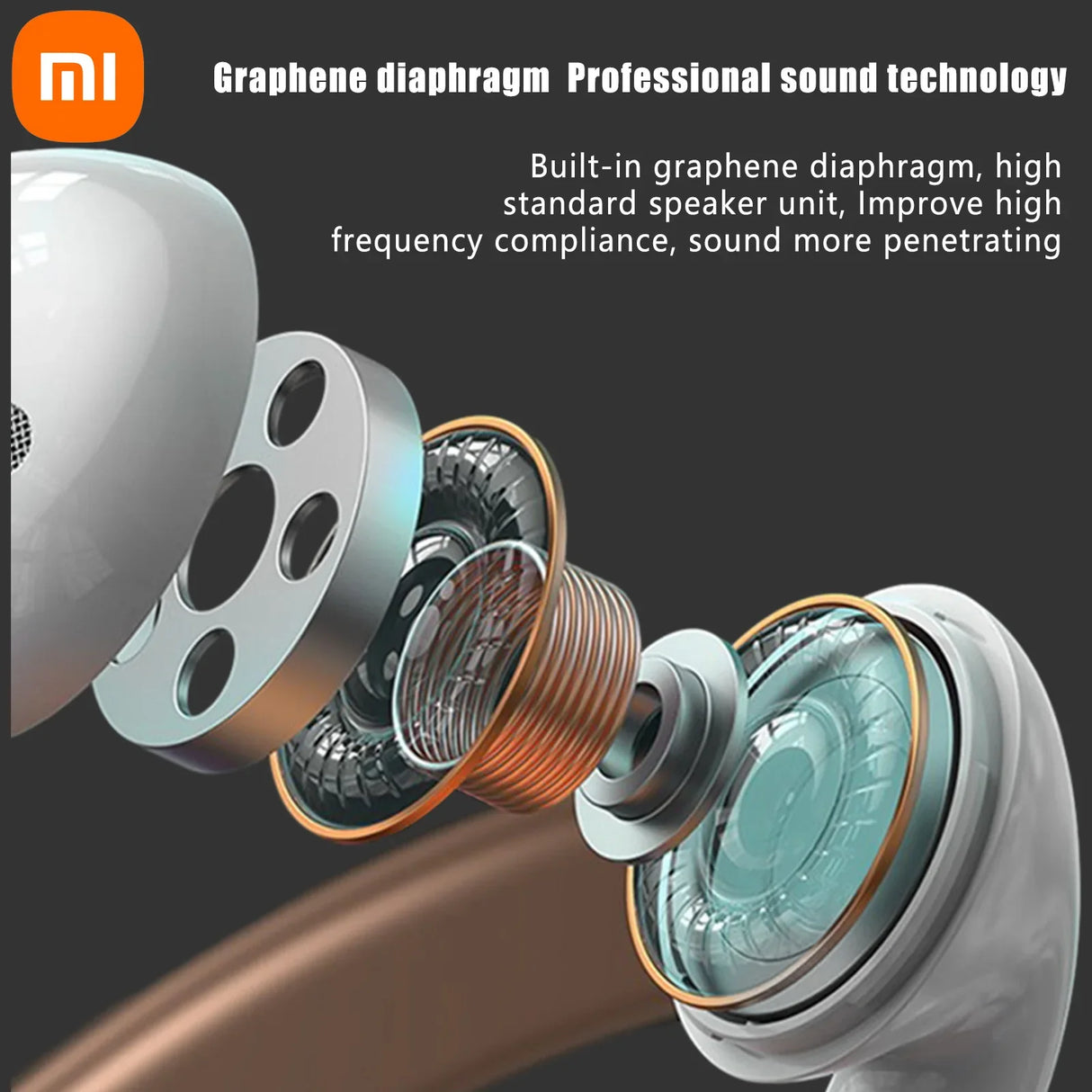 Exploded view of an earphone or earbud showcasing its internal components and graphene diaphragm technology.