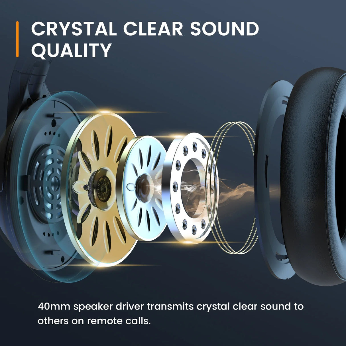 Exploded view of a headphone speaker driver showing internal components and highlighting crystal clear sound quality.