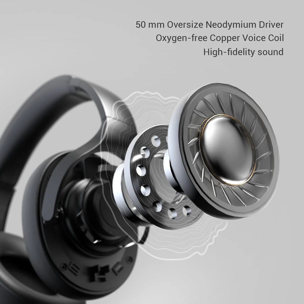 Exploded view of a high-fidelity headphone driver with neodymium magnet and copper voice coil.