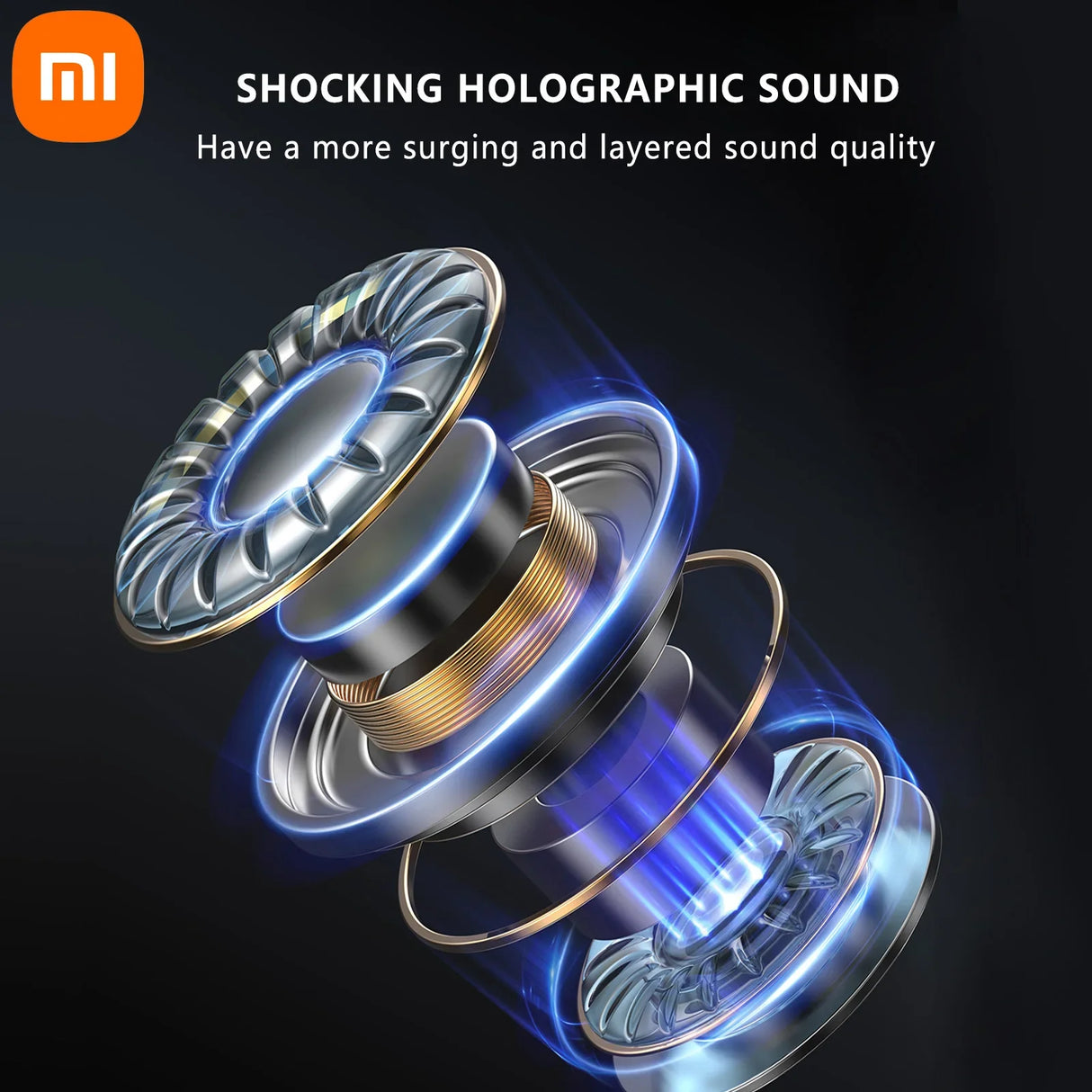 Exploded view of a high-tech audio speaker with glowing blue components.